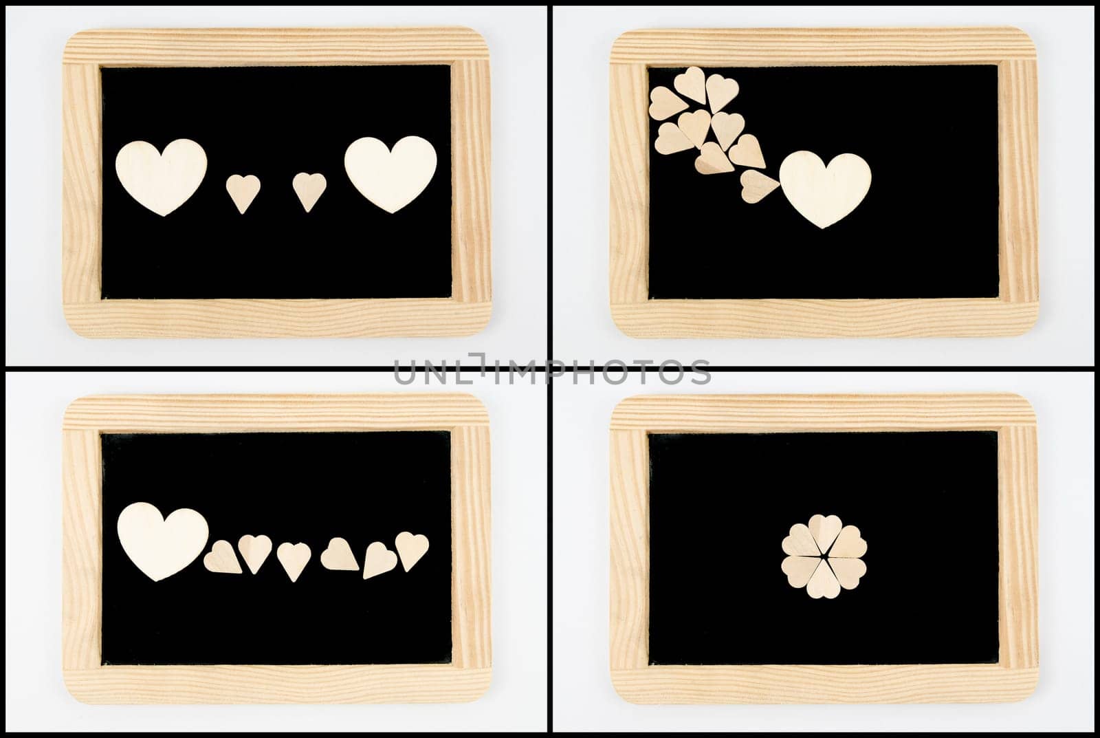 Photo Collage of Vintage Chalkboards with wooden frame isolated on white, craft heart shapes, creativity and love concept