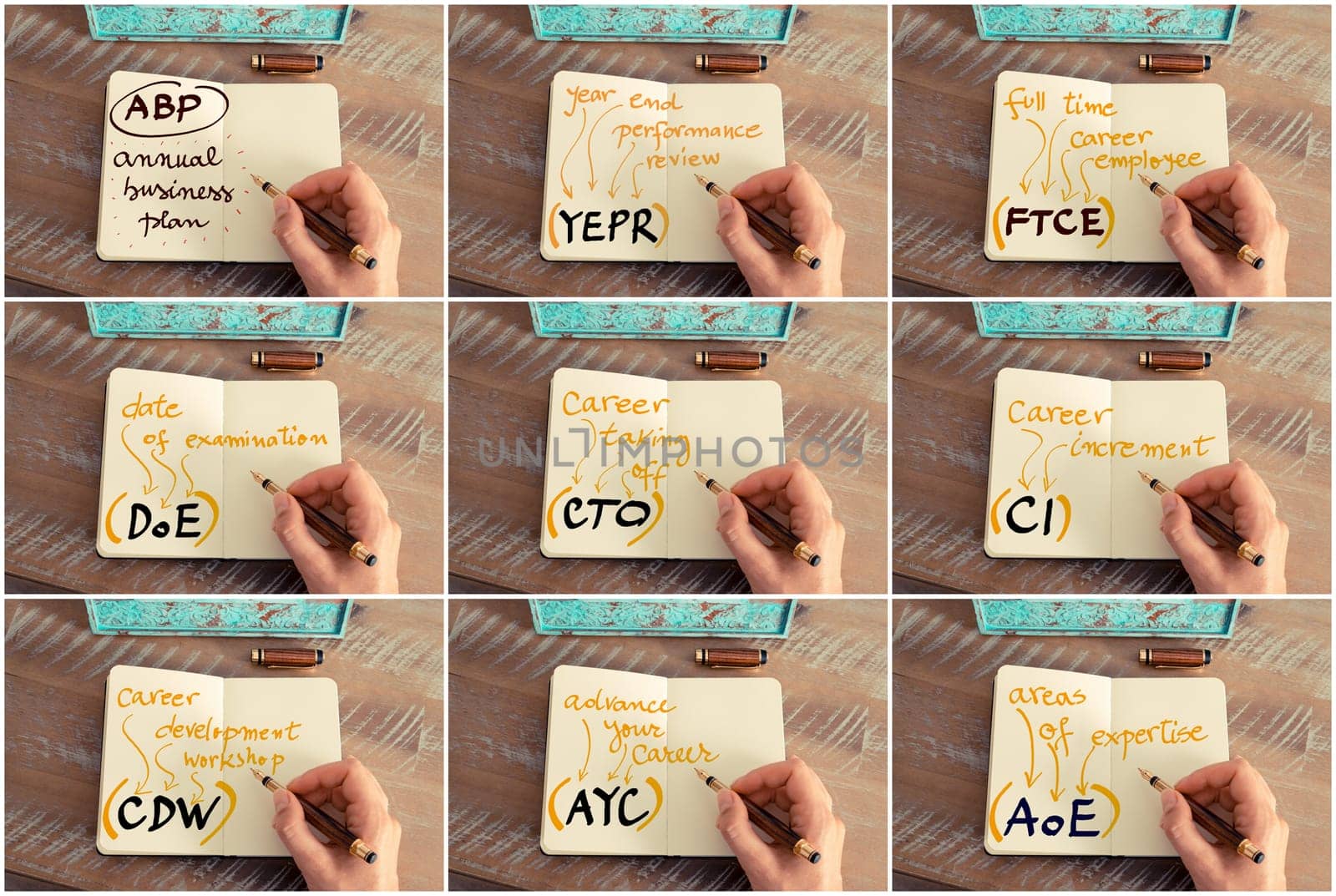Photo collage of business acronyms and messages. Retro effect and toned image of a woman hand writing a note with a fountain pen on notebook. Business success concept