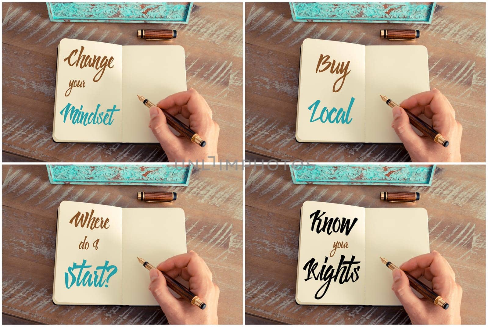 Photo collage of handwritten motivational messages Change your mindset, Where Do I Start, Buy Local, Know Your Rights. Toned image of a woman hand writing a note with a fountain pen on a notebook.