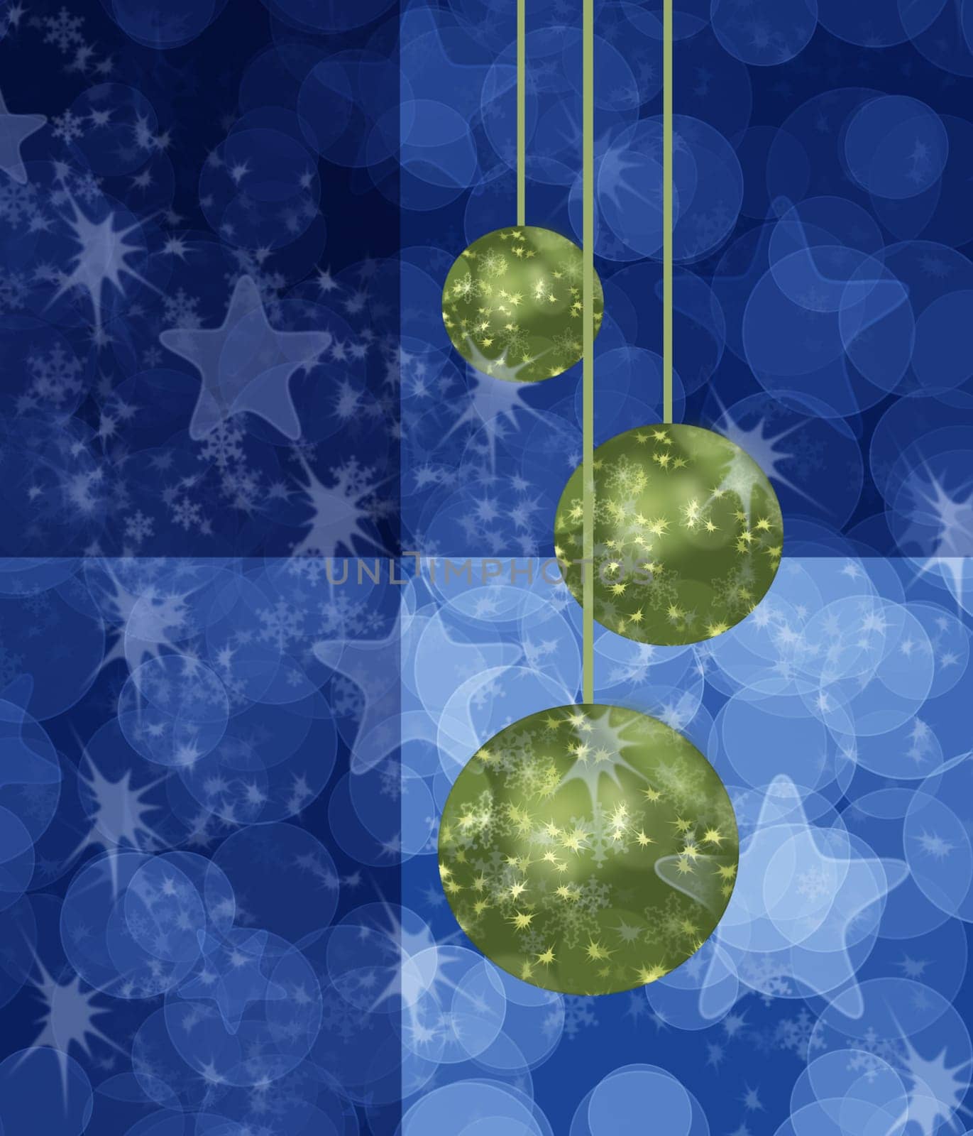 Blue Chistmas card with green bauble balls stars and circles background