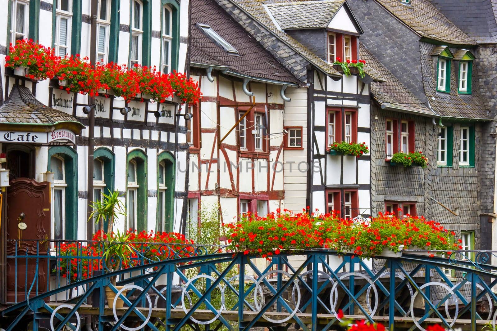 MONSCHAU, GERMANY - JULY 30, 2016: small town Monschau in the Eifel region. The historic town center has many half-timbered houses and narrow streets remained nearly unchanged for 300 years