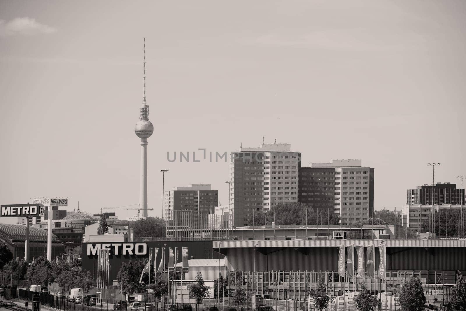Berlin,Germany - May 09,2016: The urban landscape in Berlin Mitte around the Berlin TV Tower and the wholesale company Metro on May 09,2016 in Berlin.