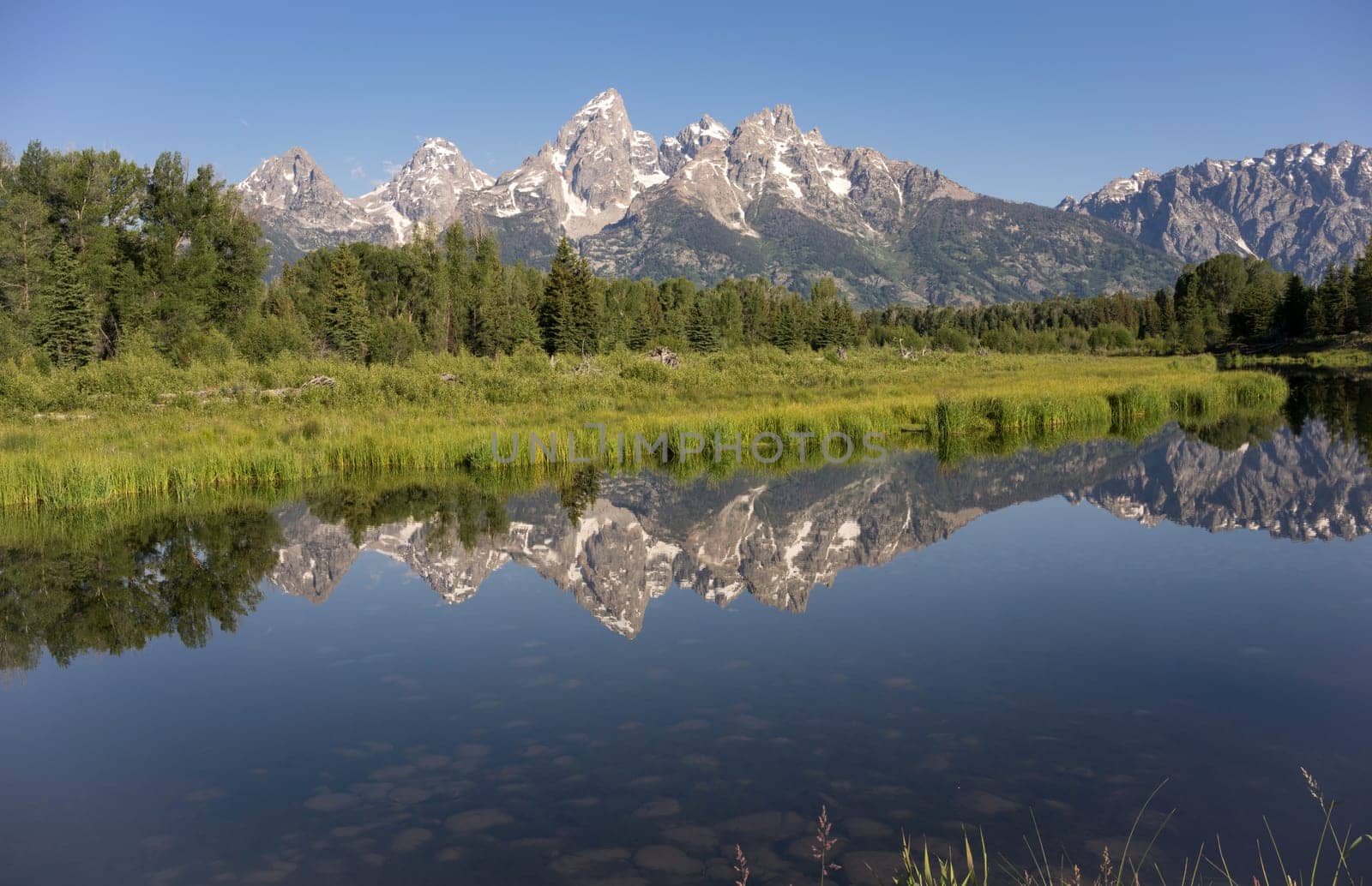 Rocky Mountain Range Reflected Smooth Water Grand Teton National Park