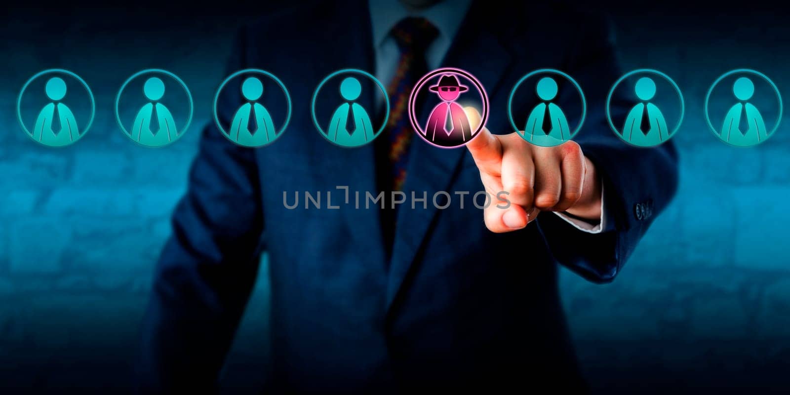 Corporate security manager identifies a potential insider threat in a line-up of eight white collar workers. Hacker or spy icon lights up purple. Cybersecurity and human resources challenge concept.