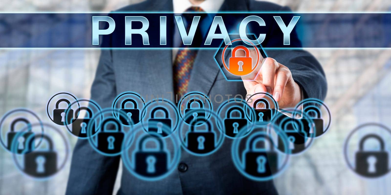 Business manager is pushing PRIVACY on an interactive touch screen monitor. Information technology concept for data security, identity management, access control, digital rights and privacy.