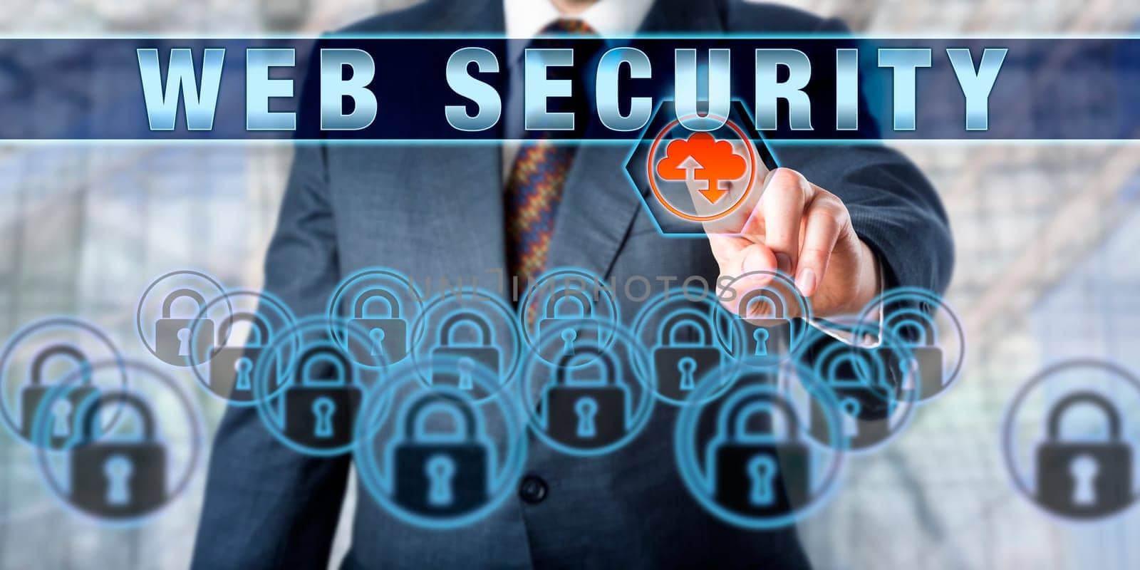 Business executive is pushing WEB SECURITY on an interactive touch screen interface. Business metaphor. Information technology concept for internet security and protection of data transfer.