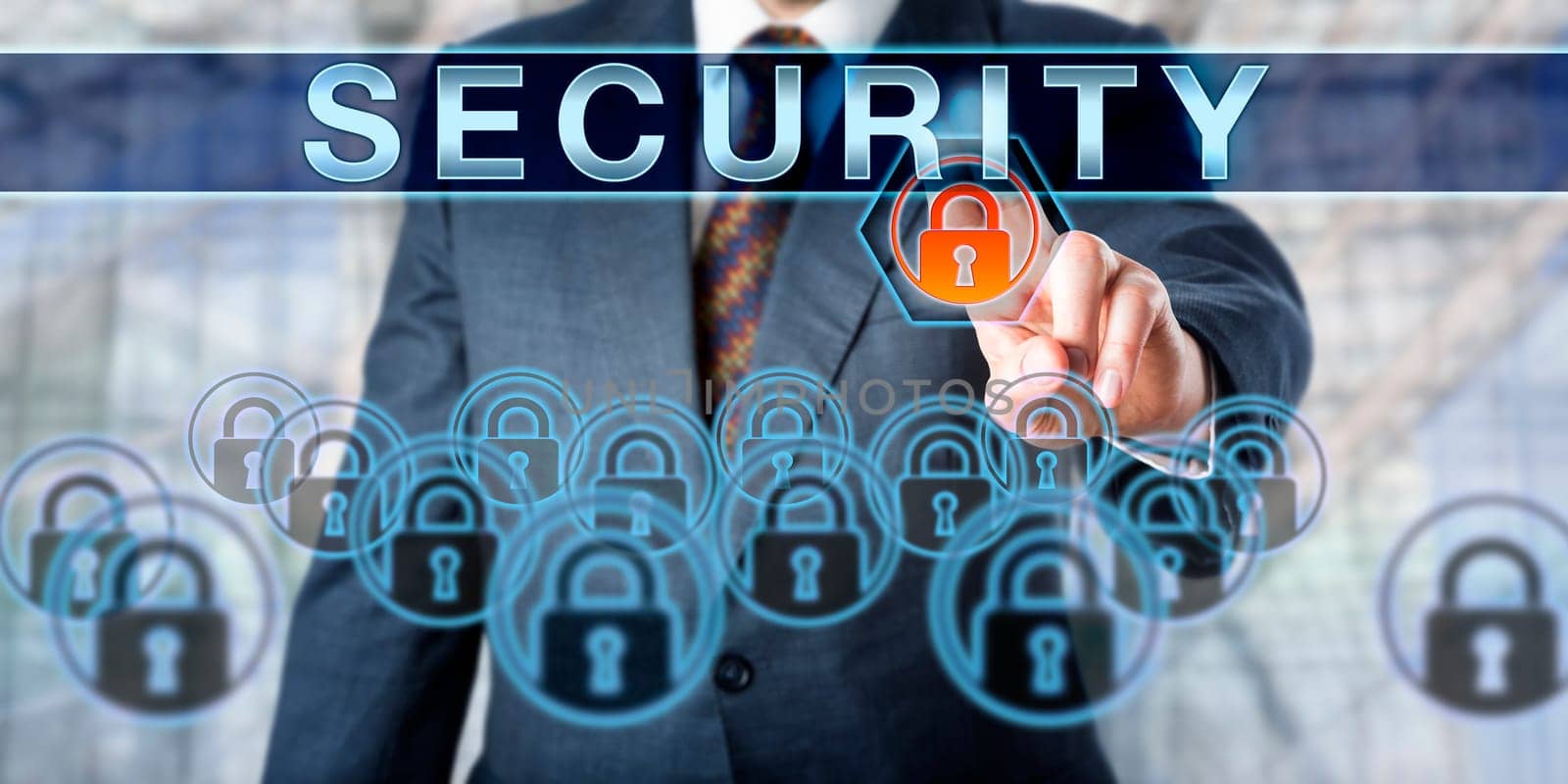 Corporate executive is pushing SECURITY on a touch screen interface. Business metaphor and information technology concept for computer security, crime prevention and law enforcement.