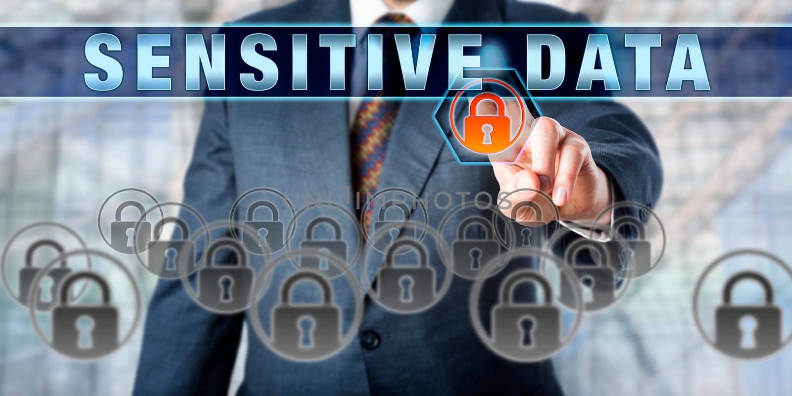 Corporate manager is pressing SENSITIVE DATA on an interactive touch screen. Information technology and computer security concept for safe and secure digital storage of mission critical data files.