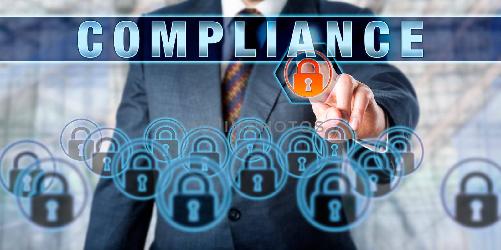 Enterprise manager pressing COMPLIANCE on a transparent touch screen display. Business management challenge metaphor and information technology concept involving corporate governance and auditing.
