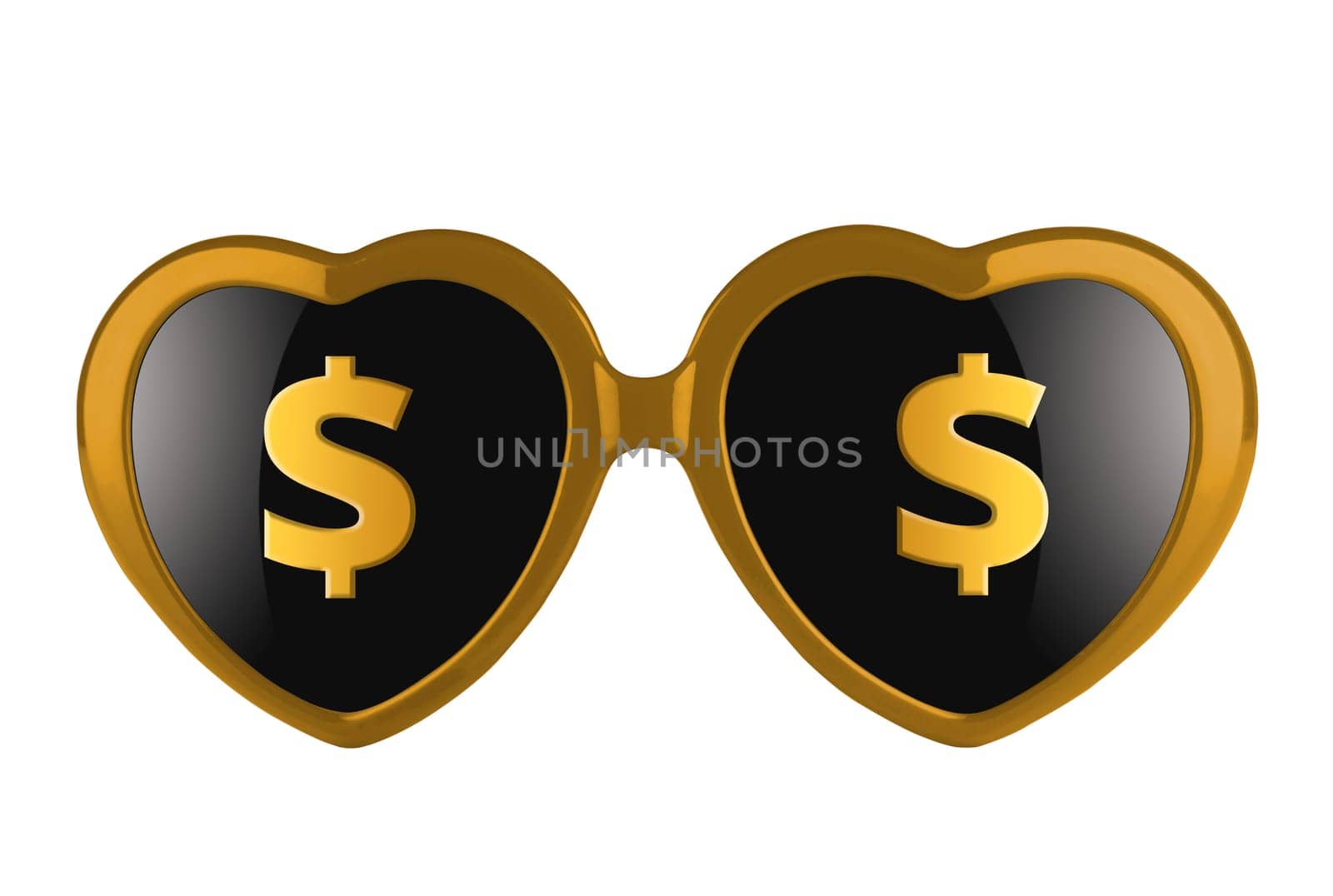 A pair of golden heart shaped sun glasses with solar signs on lenses isolated