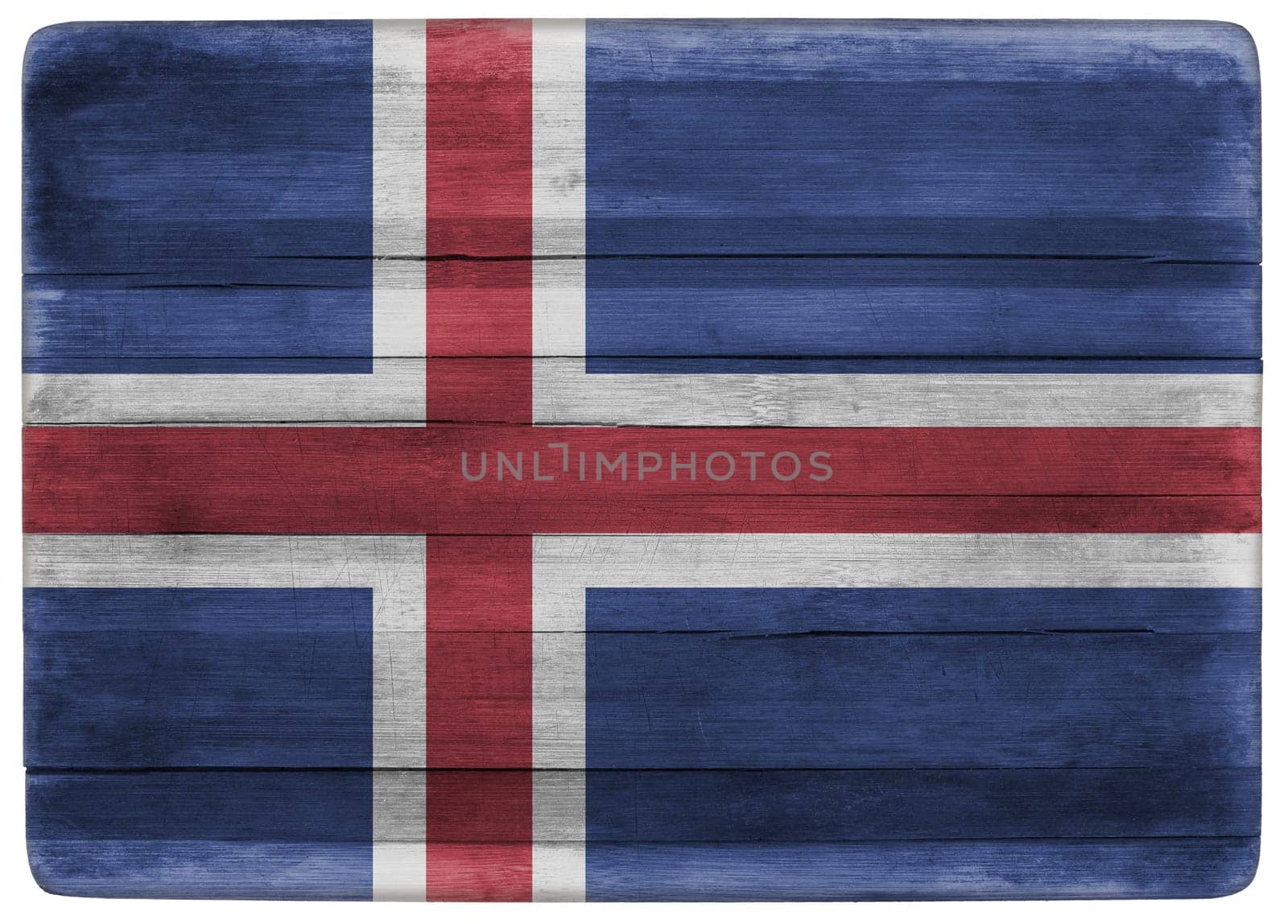 horizontal front view 3d illustration of an Iceland flag on wooden cooking textured board