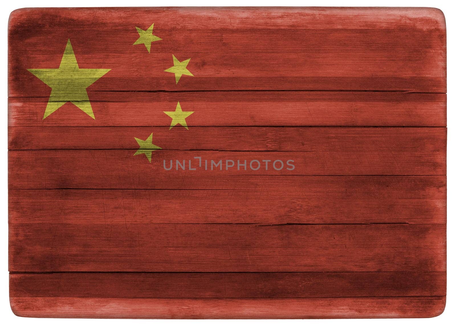 horizontal front view 3d illustration of an China flag on wooden cooking textured board
