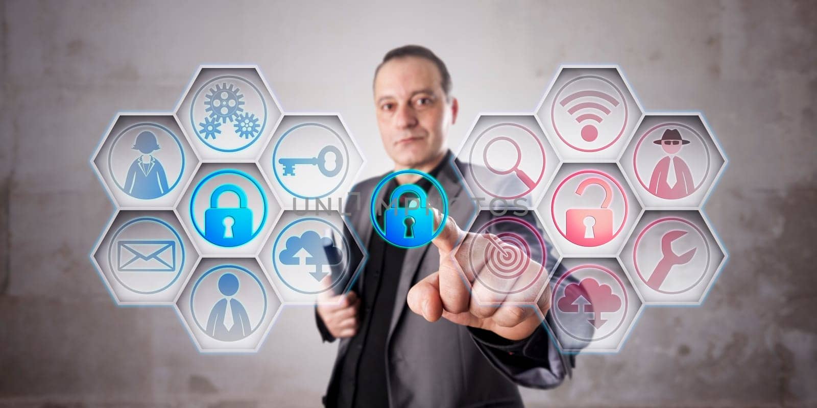 Happy information security professional is closing a lock to secure data via touch. Unprotected computer network remains red. Business concept for data security, computer security, crime prevention.