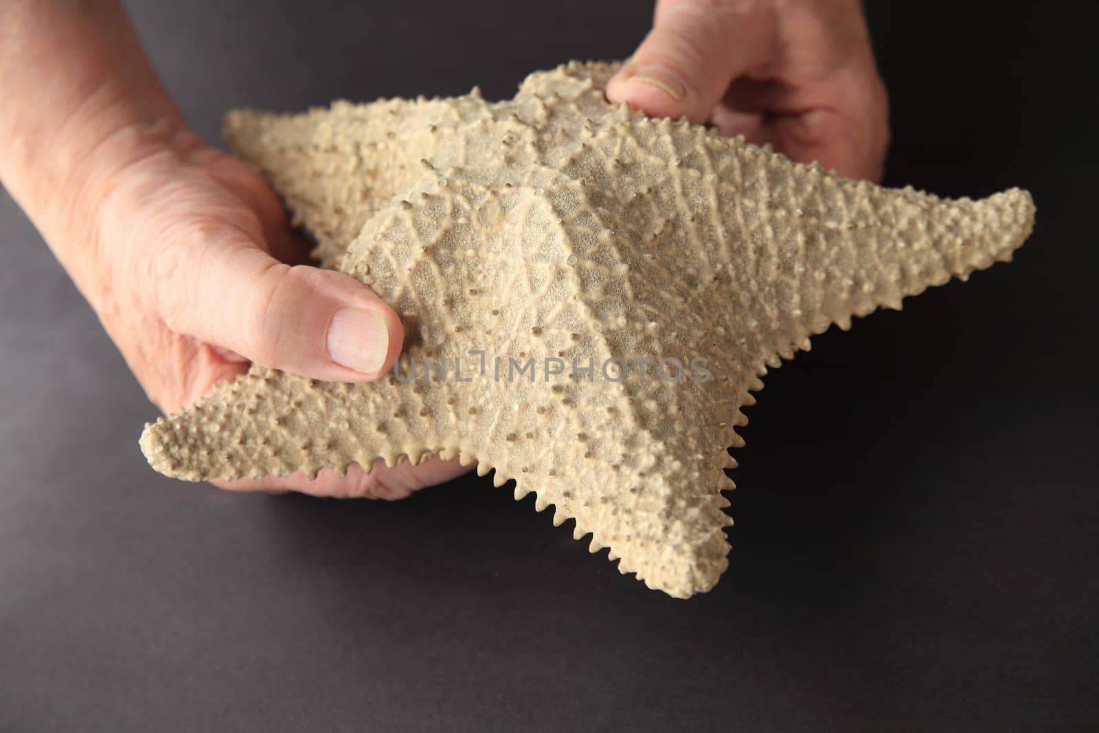 A man with a large seashell on a black background