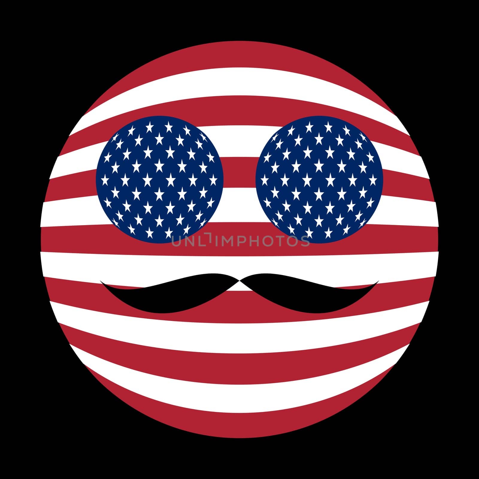 Icon in colors of the American flag with mustaches in globe form on black background