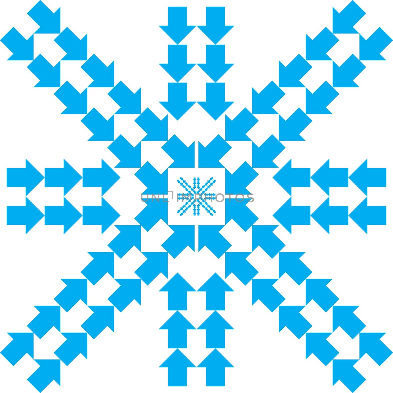 Pattern with blue arrows in snowflake form on white background