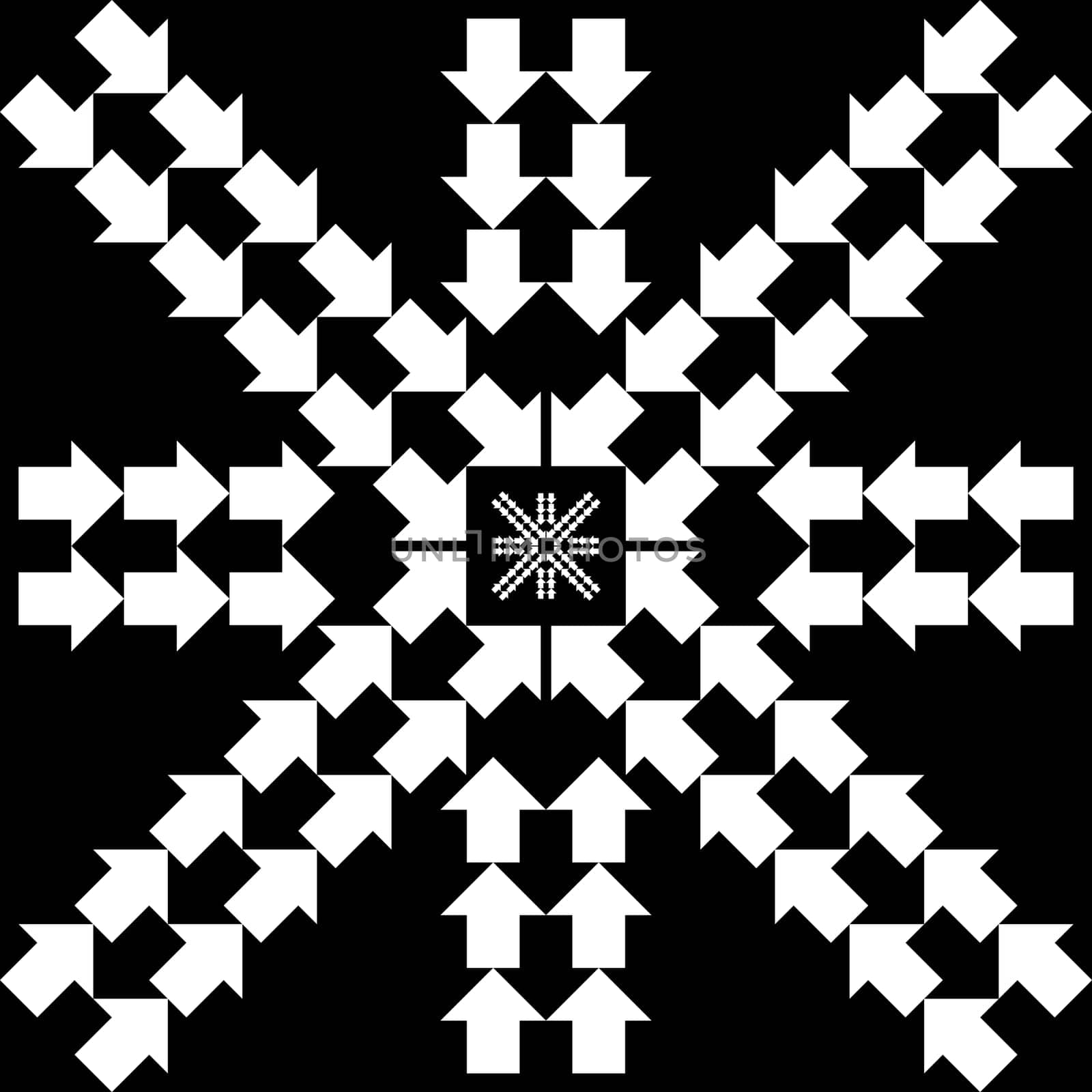 Pattern with arrows in snowflake form on black background
