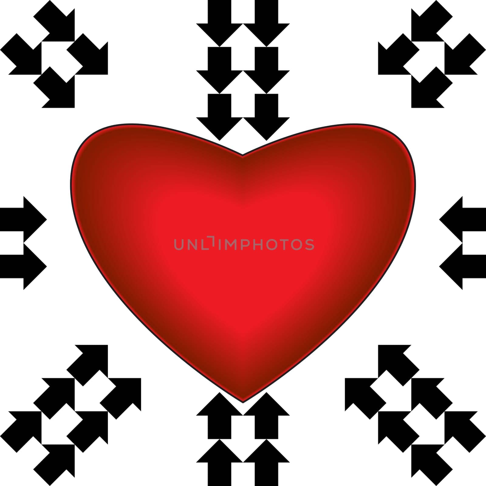 Big red heart with arrows on white background