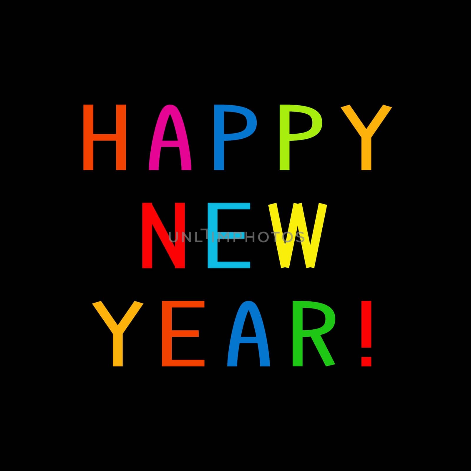 The greeting Happy New Year with multicolored letters on black background