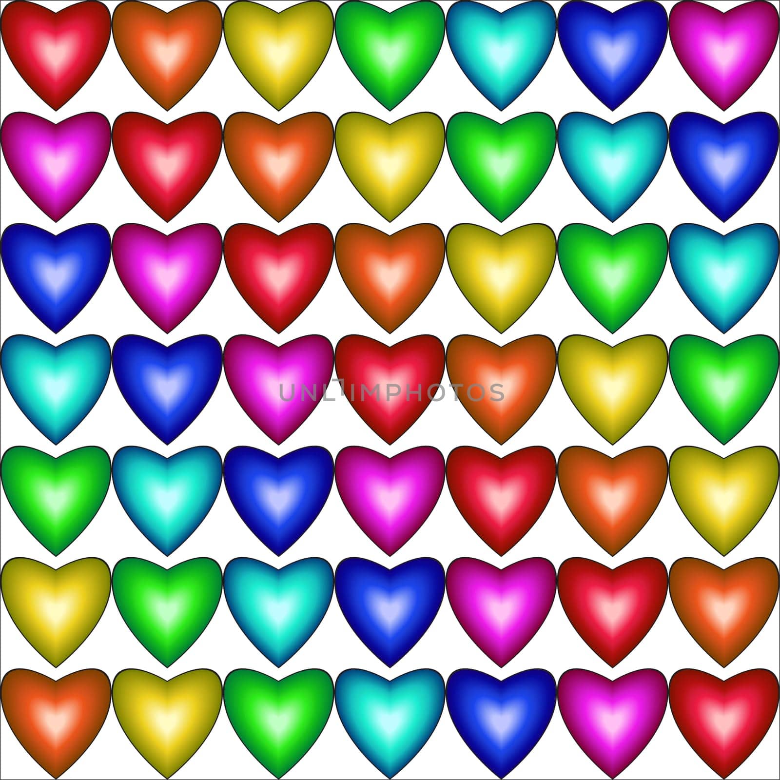 Seamless pattern with hearts in rainbow colors on white background