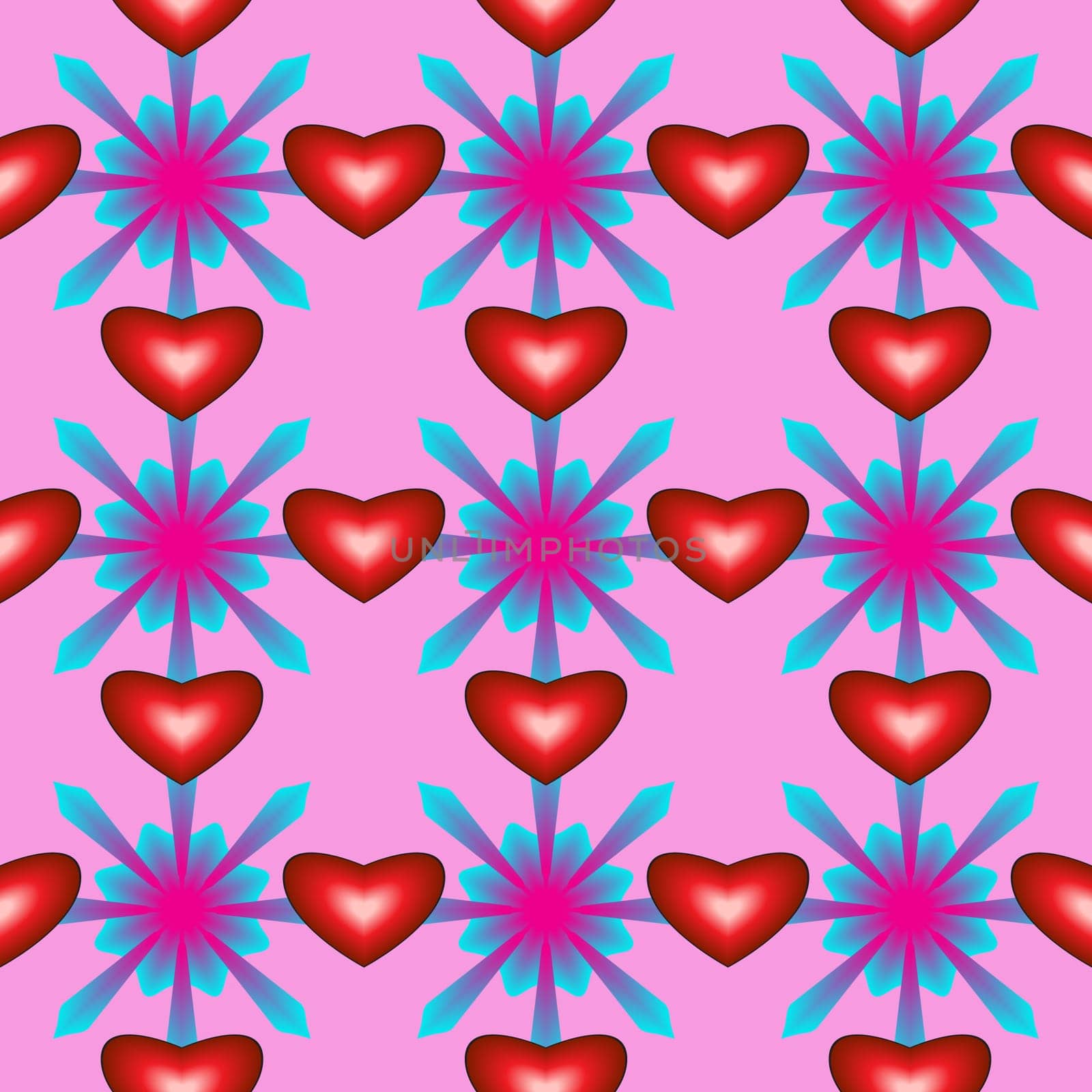 Seamless pattern with hearts and flowers on pink background