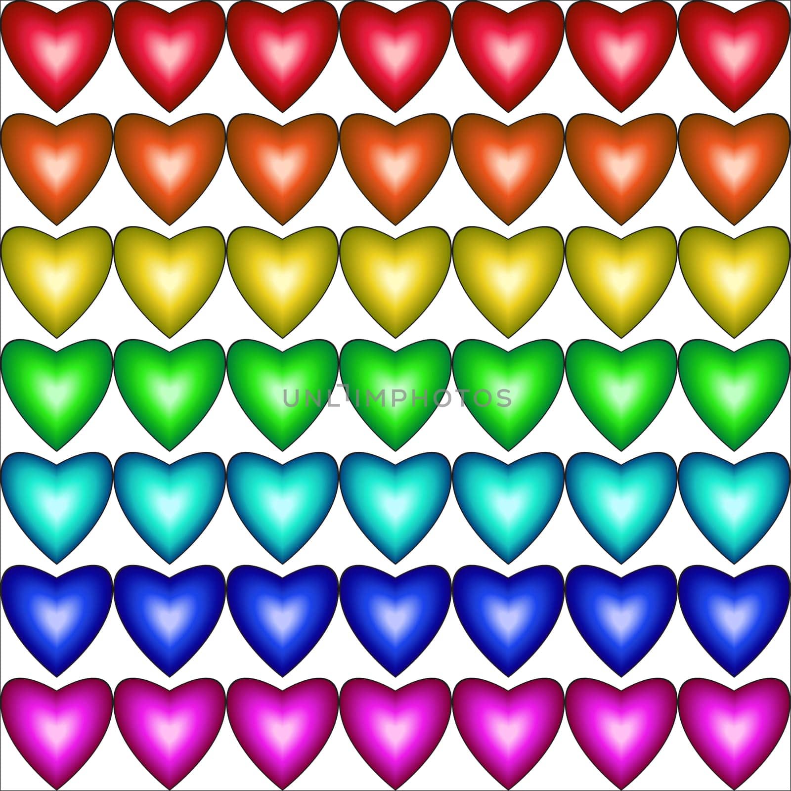 Seamless pattern with hearts in rainbow colors on white background