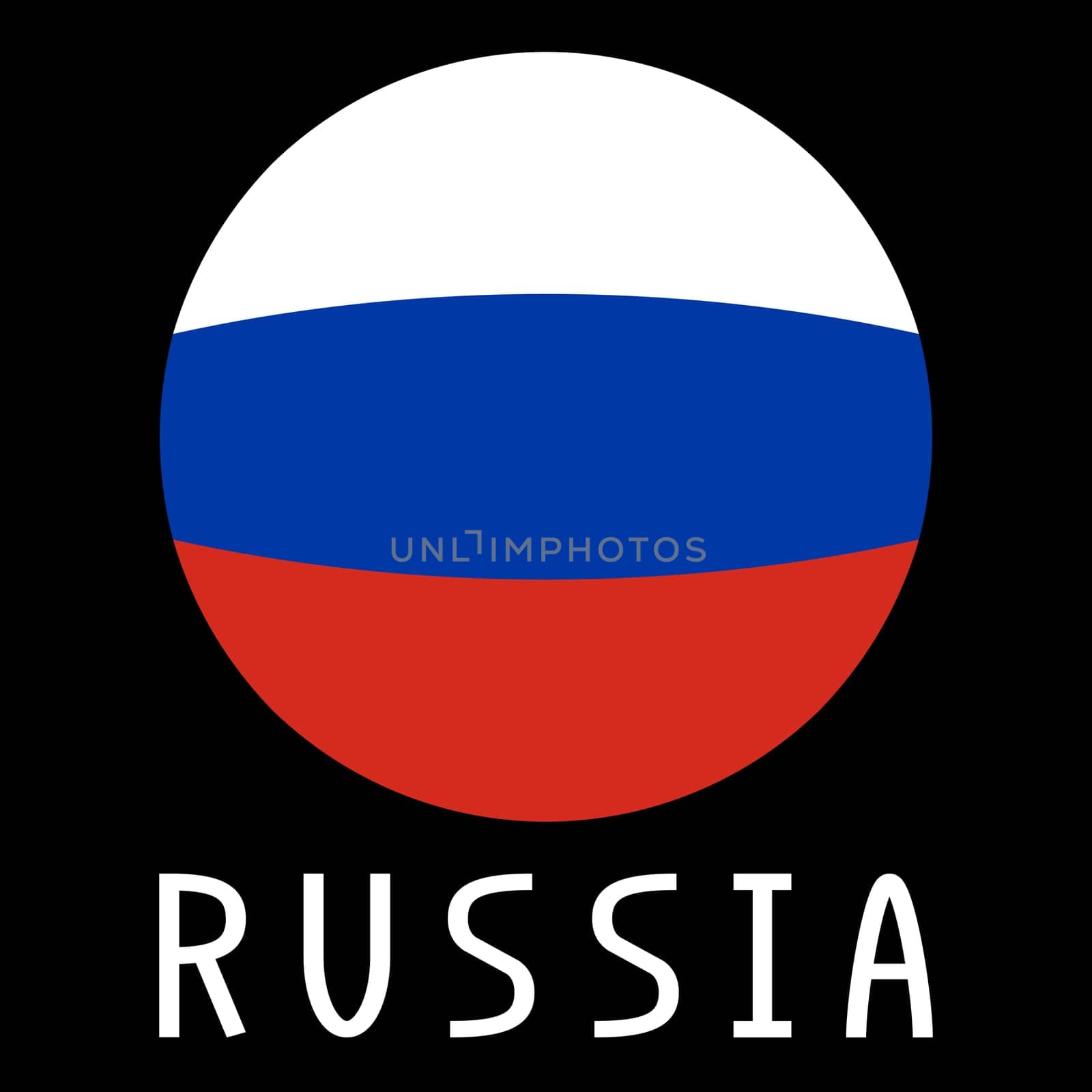 Russian flag in globe form and word Russia on black background