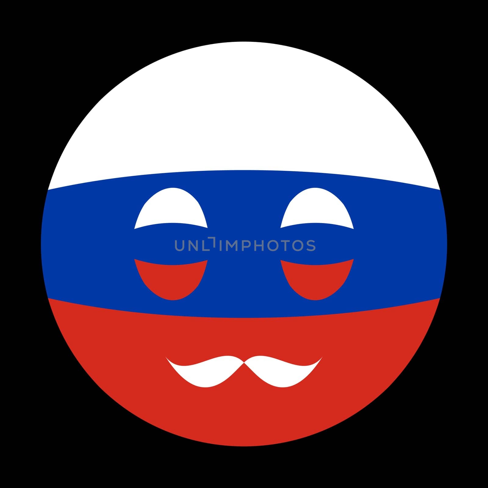 Icon in colors of Russian flag with mustaches in globe form on black background