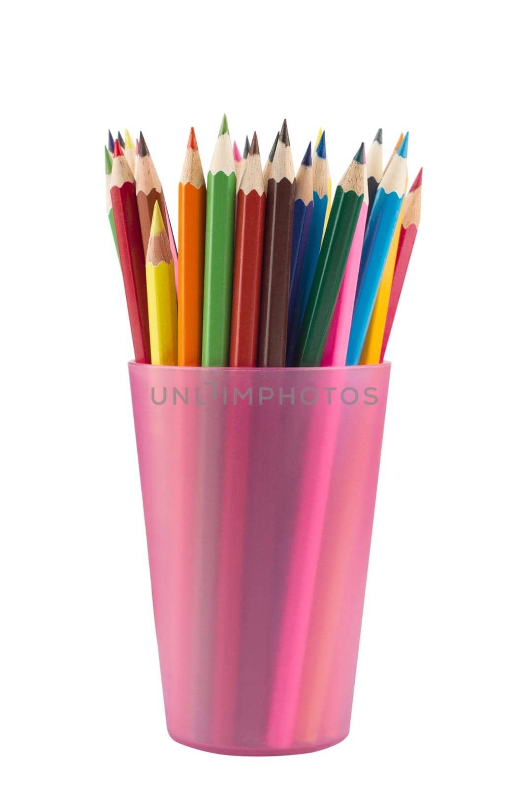 Many drawing pencils in a pink transparent cup isolated on white