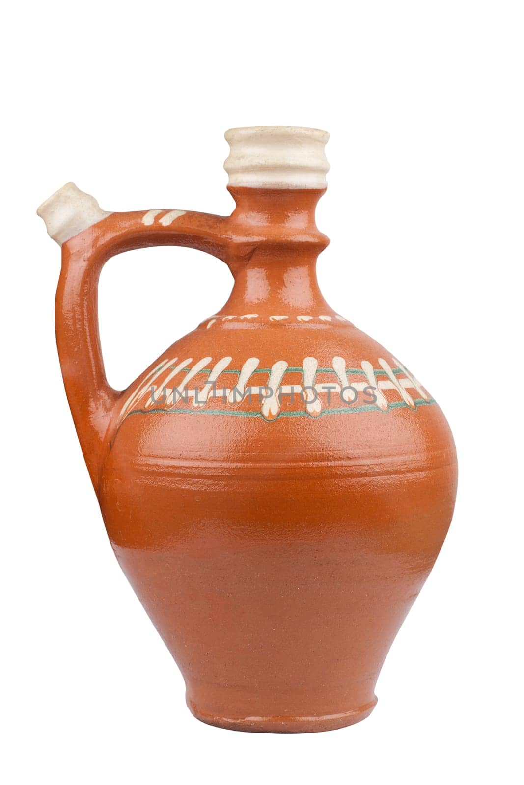 Traditional Romanian clay recipient with handle isolated on white background