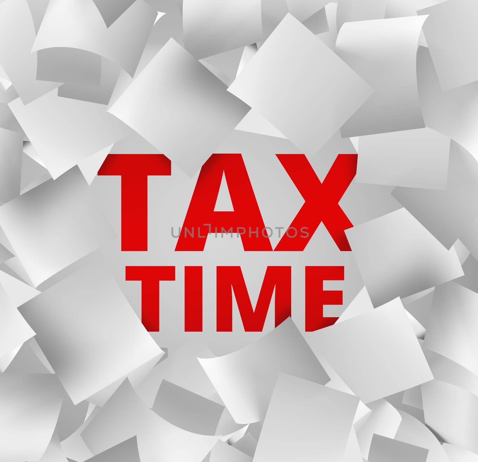 3d illustration concept for tax time with falling papers and red words behind