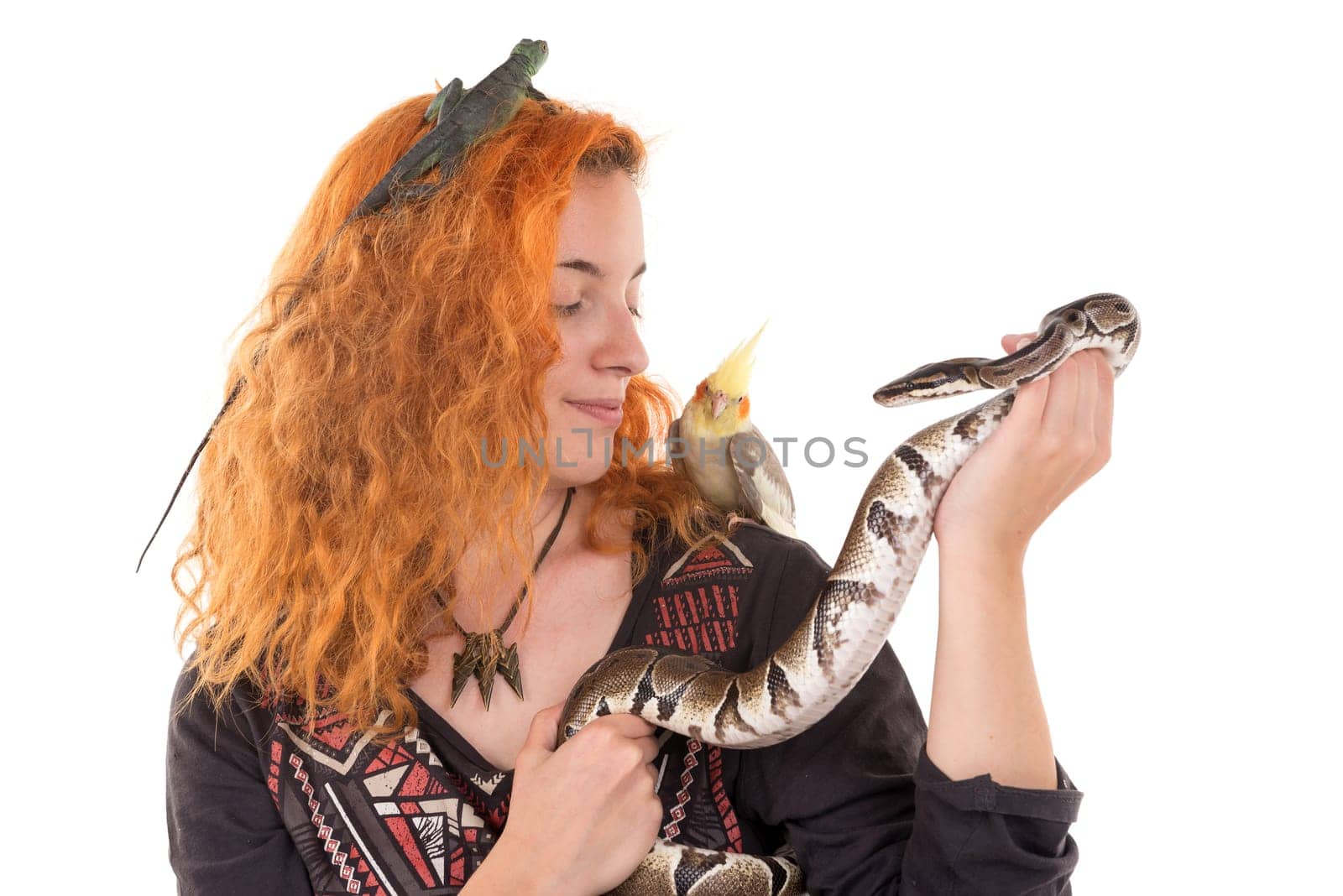 Red hair girl with several pet animals isolated in white