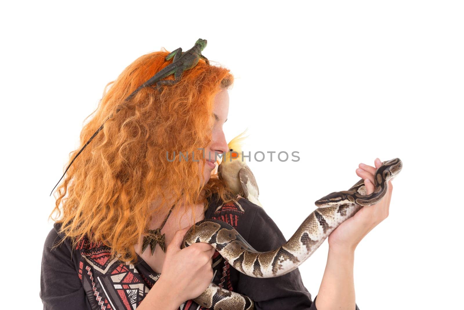 Red hair girl with several pet animals isolated in white