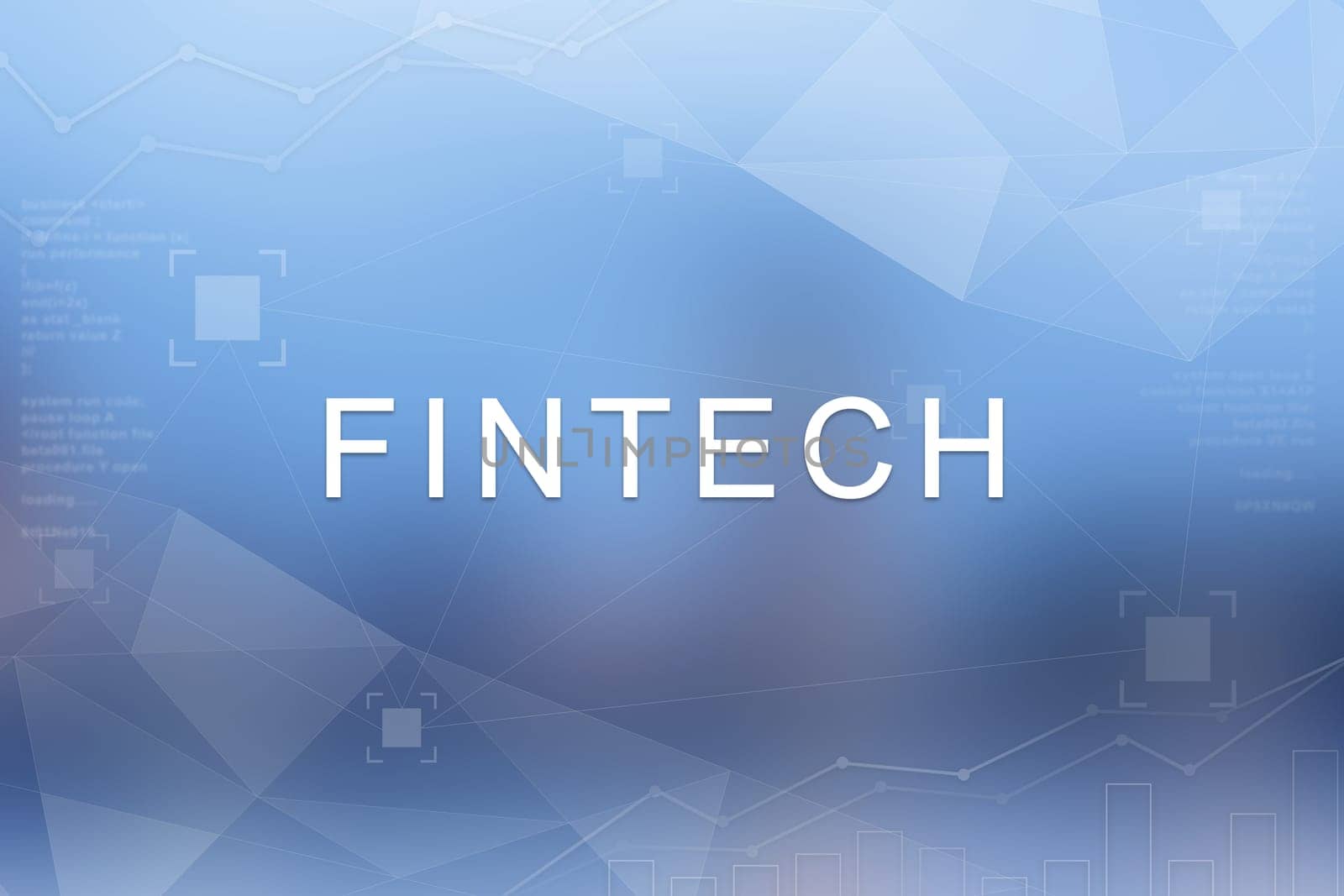 Fintech or financial technology word on blue blurred and polygon background