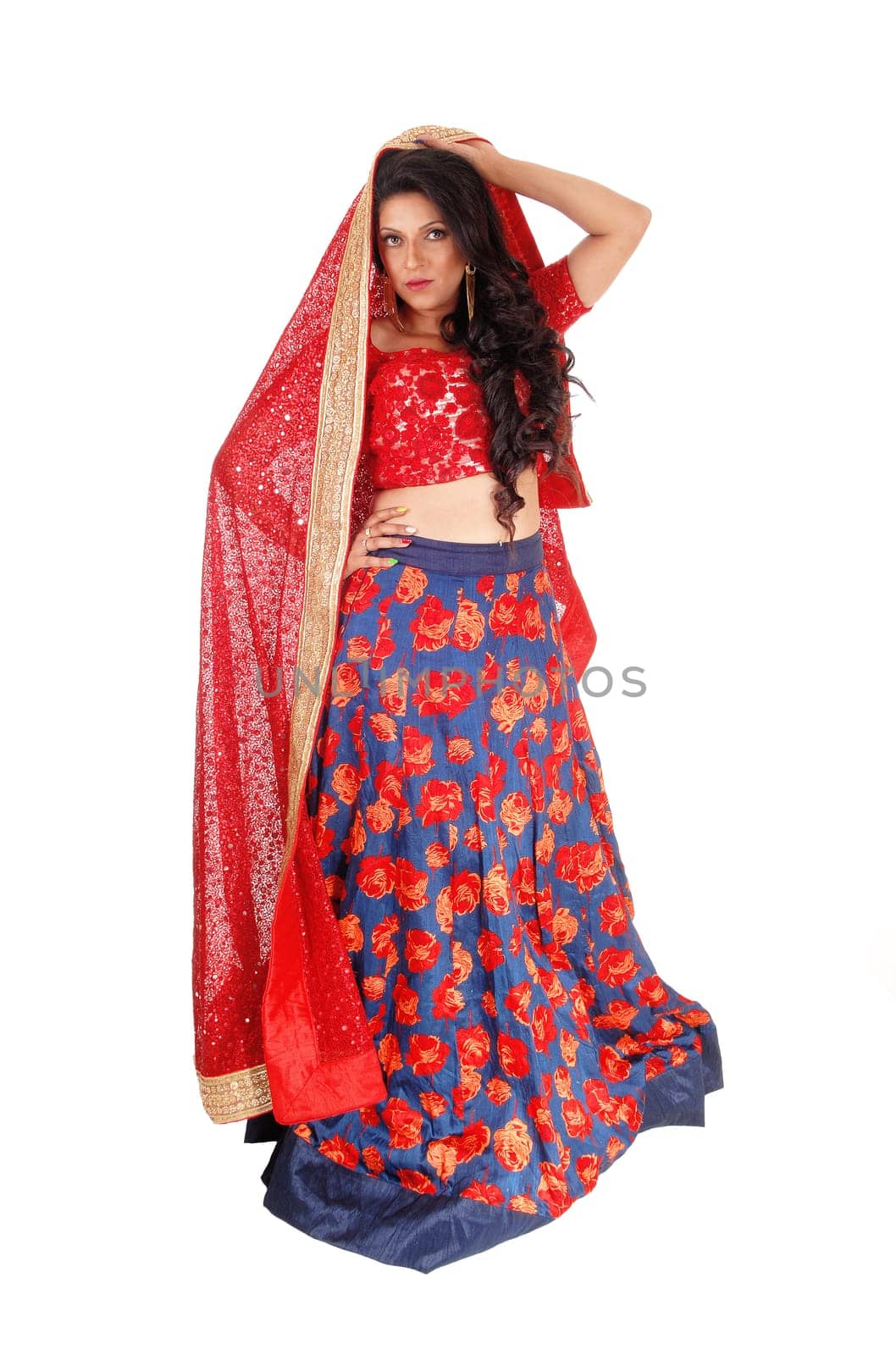 A beautiful woman in a colorful long dress with a red big scarf and.long black hair standing isolated for white background..