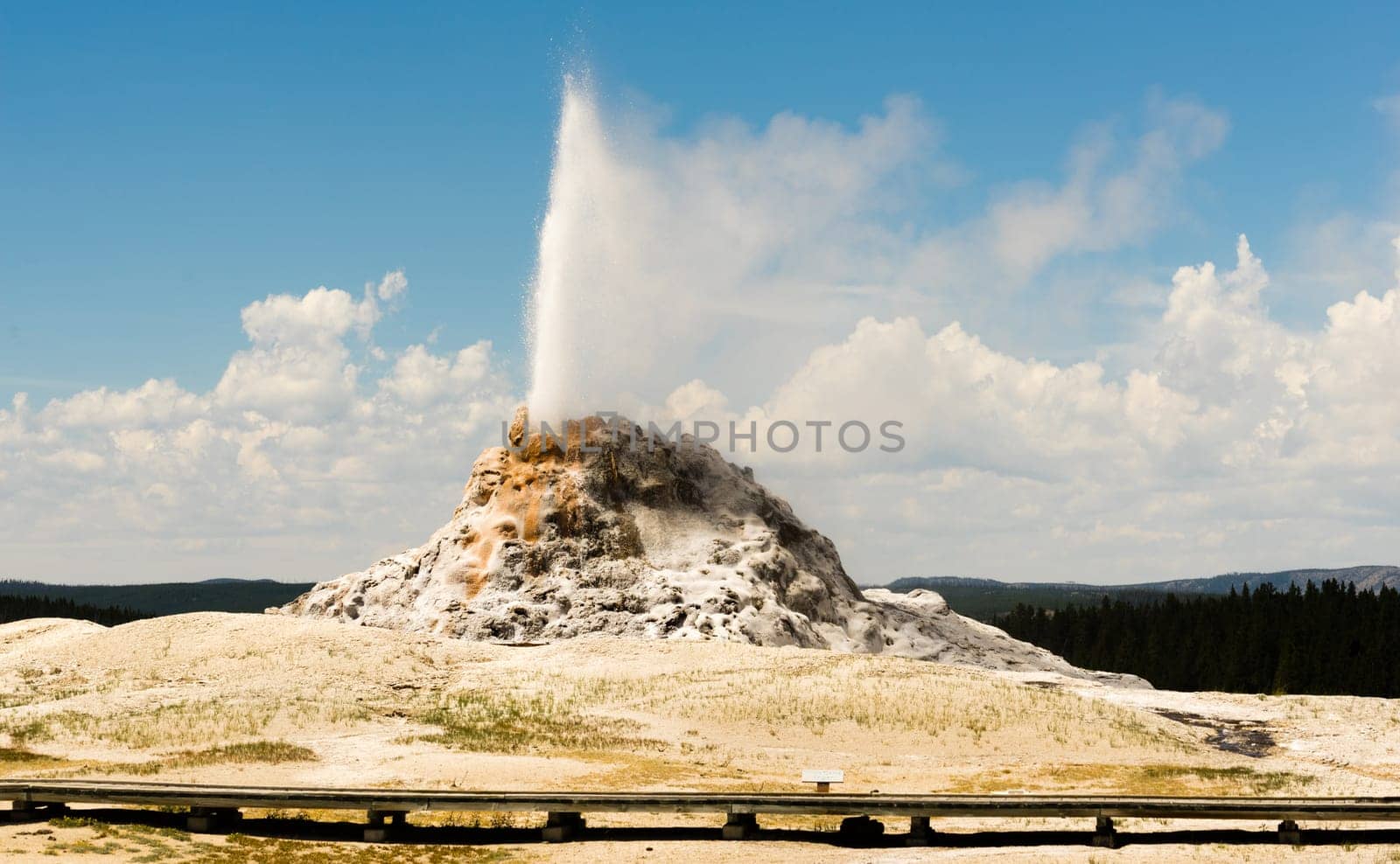 White Dome Guyser sends heated mineral water into the air