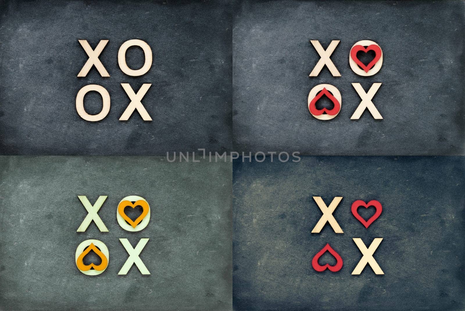 Photo collage of Vintage chalkboards with text XOXO (kisses & hugs) created of wood letters, letters O covered with red heart shape symbols, love concept