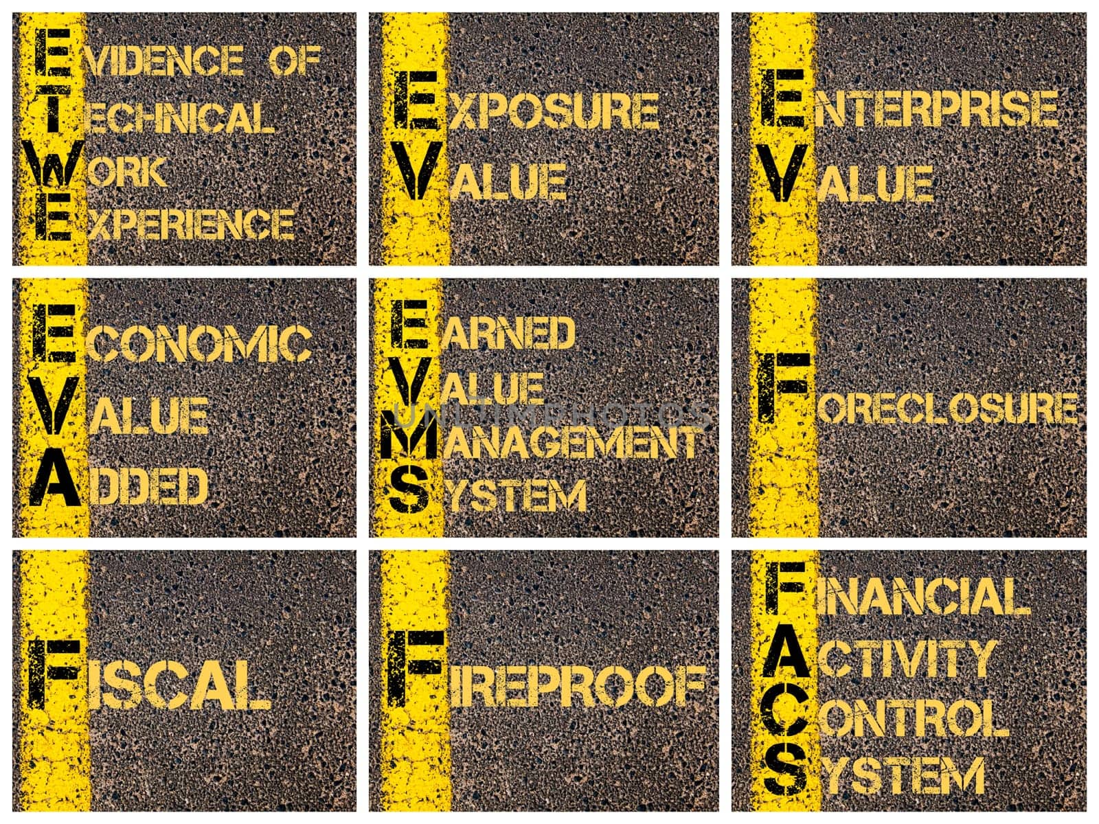 Photo collage of Business Acronyms written over road marking yellow paint line. ETWE, EV, EVA, EVMS, FACS