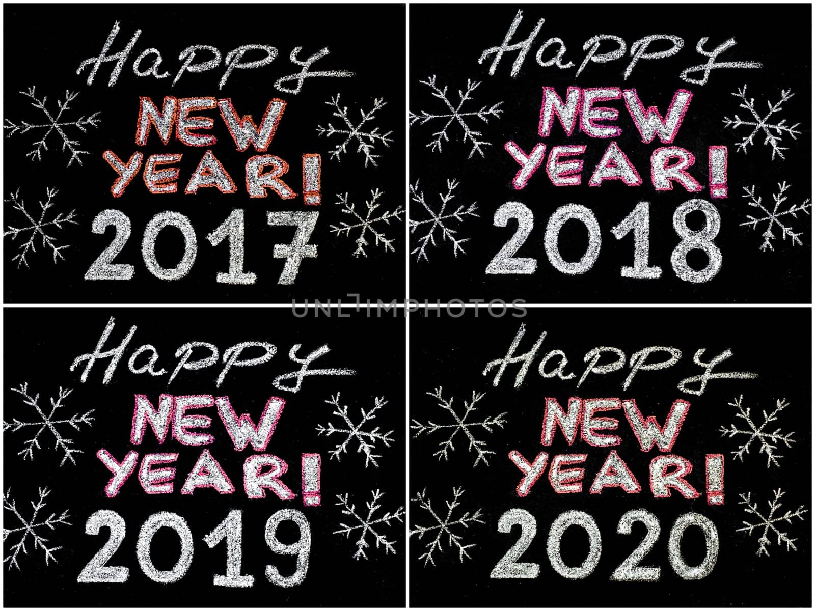 Happy new year 2017, 2018, 2019, 2020, hand writing with chalk on blackboard, vintage concept. Photo collage
