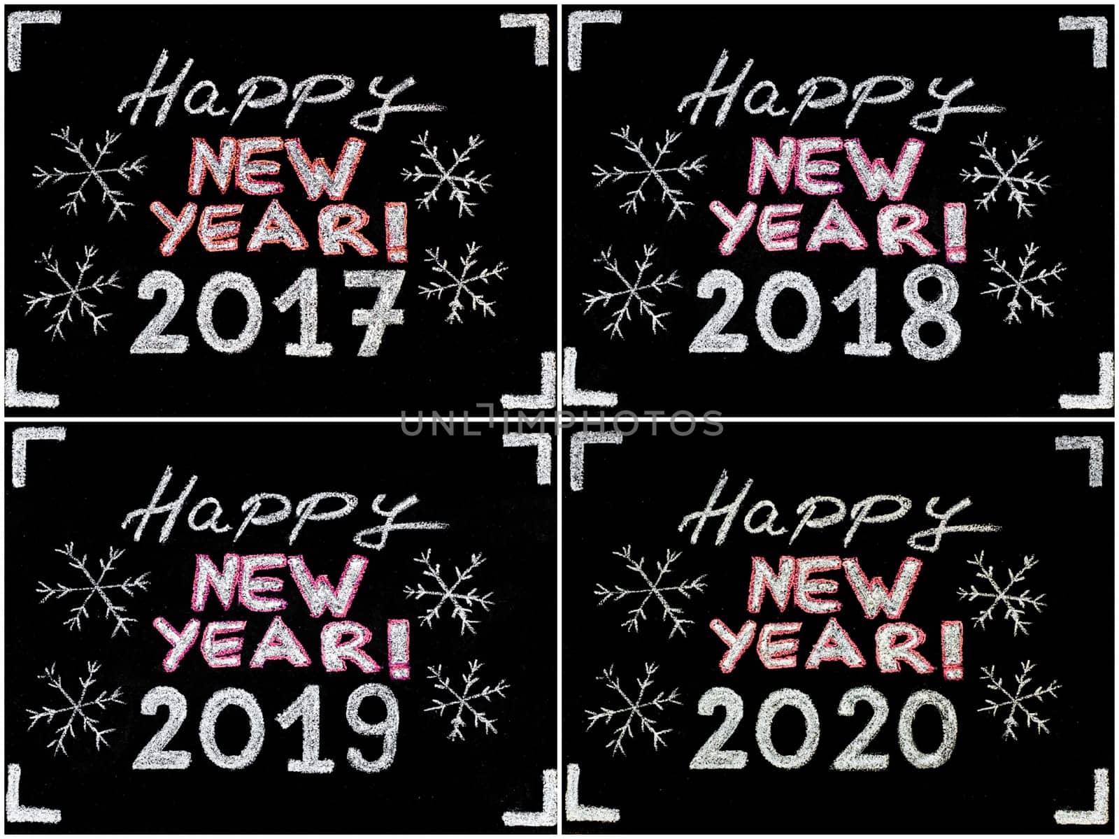 Happy new year 2017, 2018, 2019, 2020, hand writing with chalk on blackboard, vintage concept. Photo collage