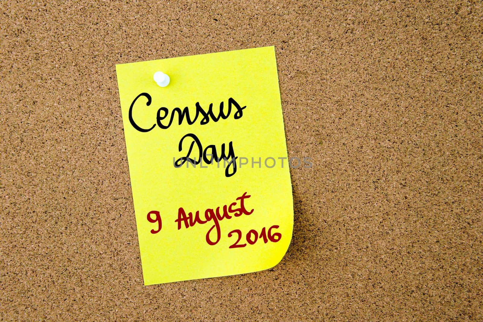 Census Day 9 August 2016, Australia written on yellow paper note pinned on cork board with white thumbtacks, copy space available