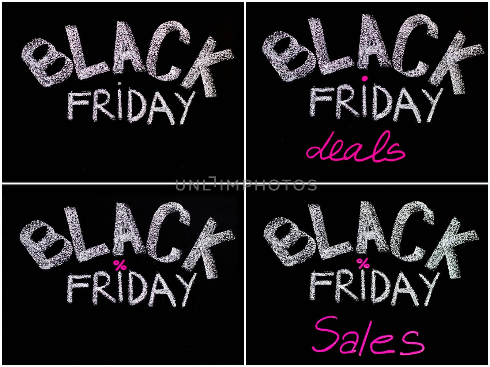 Photo collage of Black Friday advertisement handwritten with chalk on blackboard, Black Friday sale concept