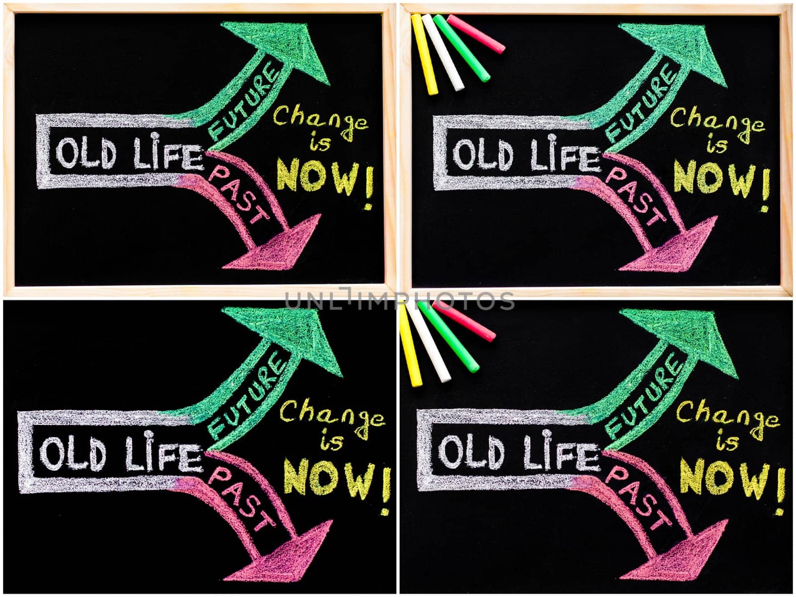 Photo collage of conceptual images with message Change is now, handwriting with chalk on blackboard, colored chalk in the corner, lifestyle change concept