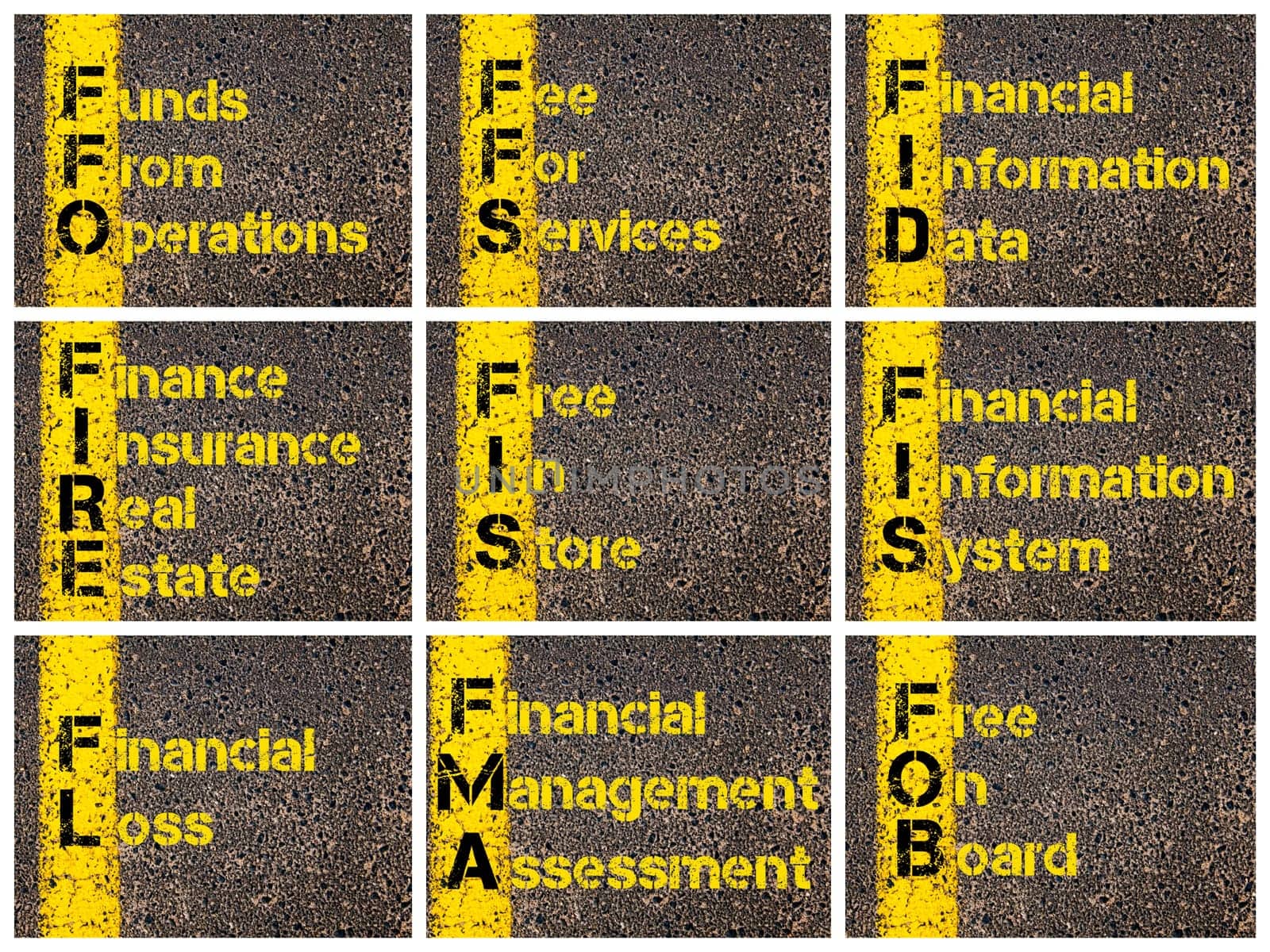 Photo collage of Business Acronyms written over road marking yellow paint line. FFO, FFS, FID, FIRE, FIS, FIS, FL, FMA, FOB