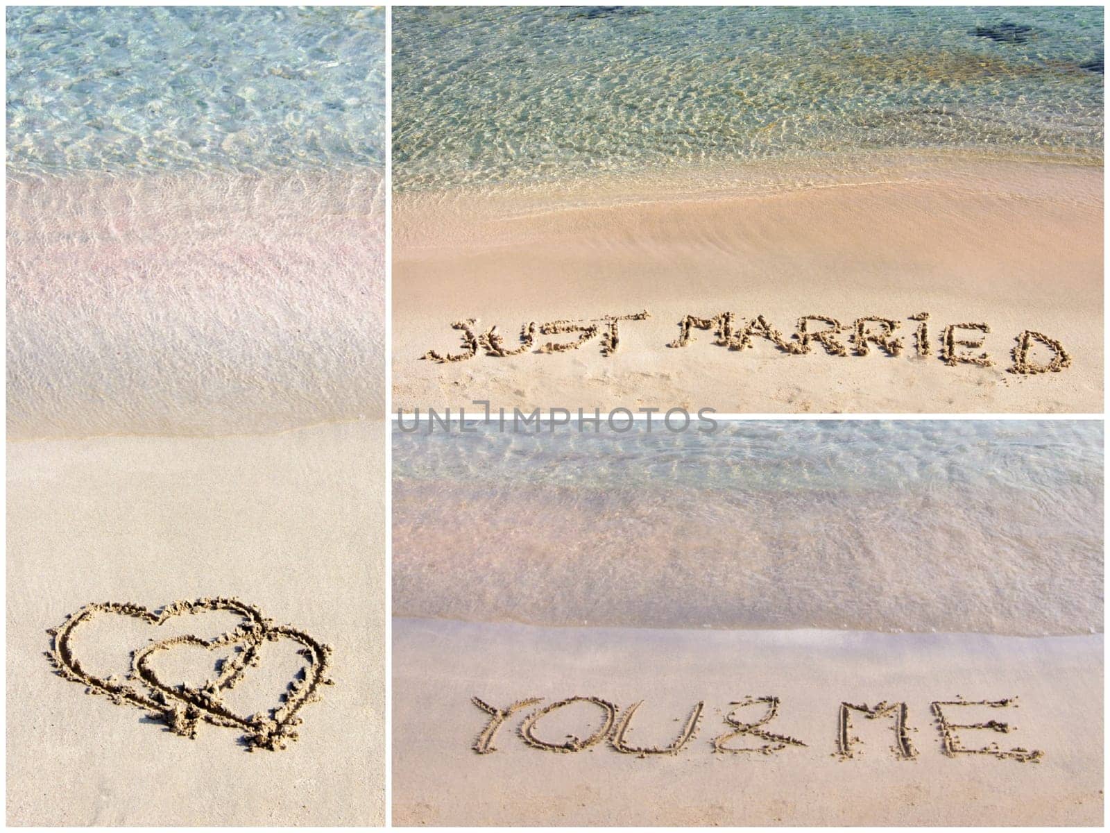 Photo collage of wedding messages written on sand. Pair of hearts, Just Married, You and Me