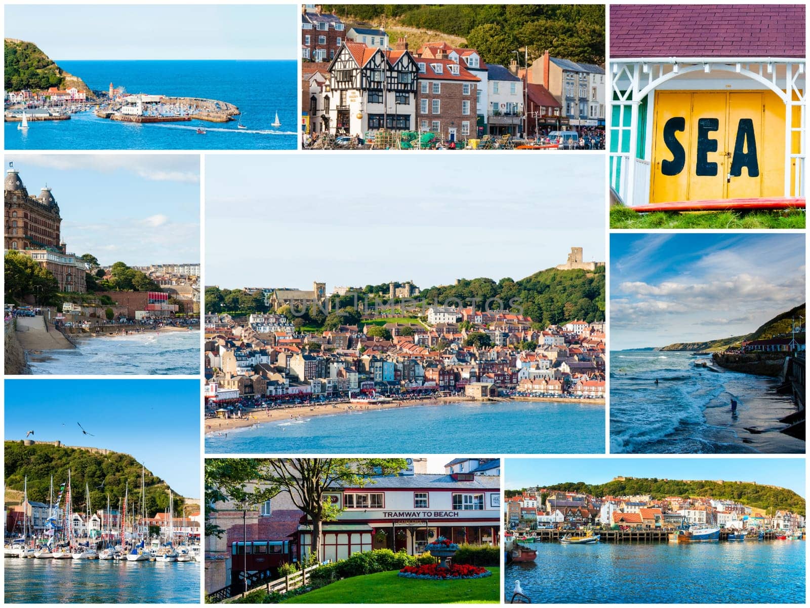Photo collage with panoramic images from Scarborough, North Yorkshire, England