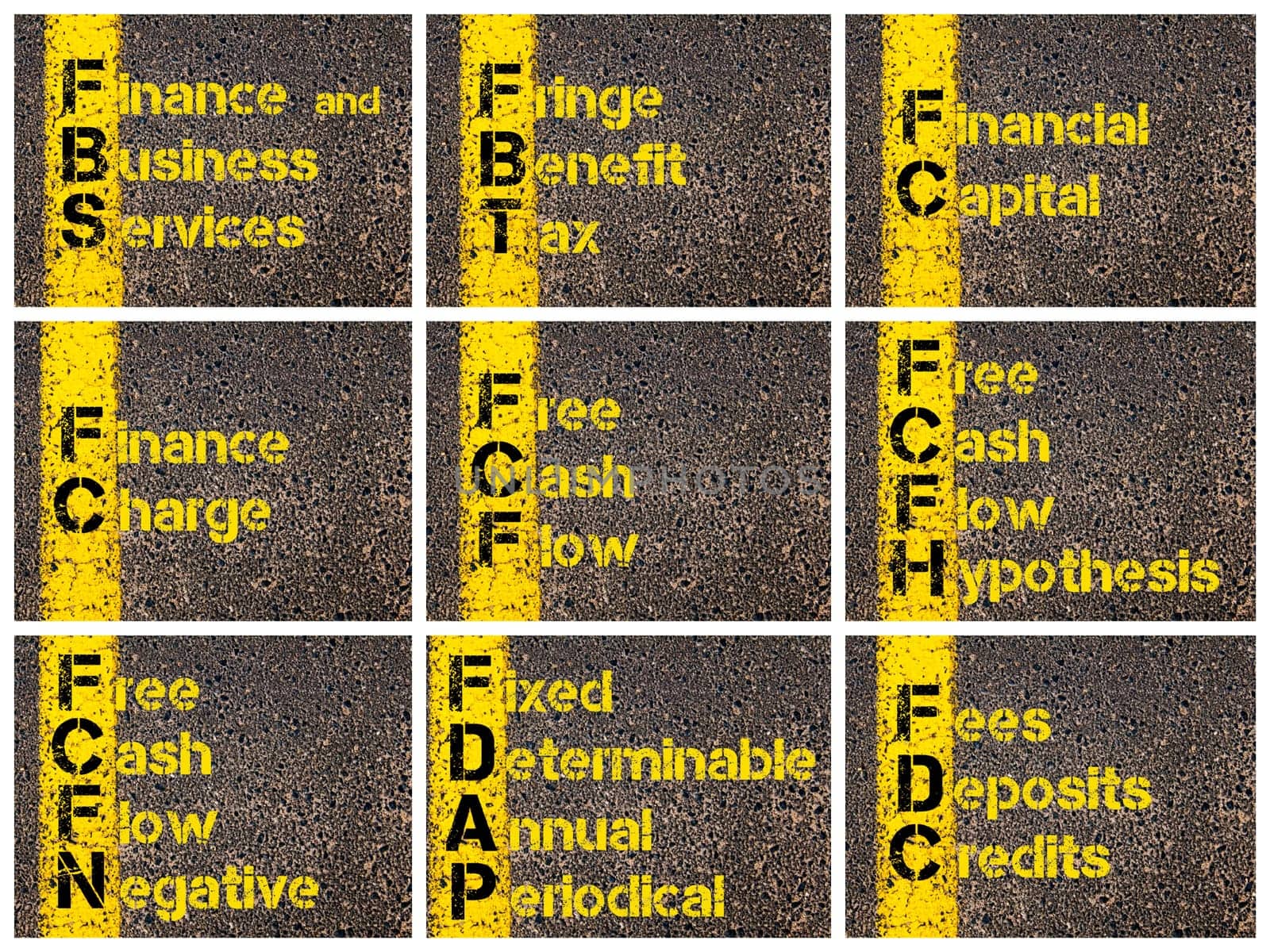 Photo collage of Business Acronyms written over road marking yellow paint line. FBS, FBT, FC, FCF, FCFH, FCFN, FDAP, FDC