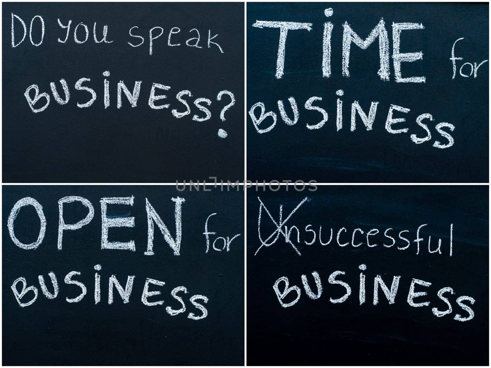 Photo collage of business messages written with white chalk on blackboard, business learning concept. Do you Speak Business ?, Time For Business, Successful Business, Open For Business
