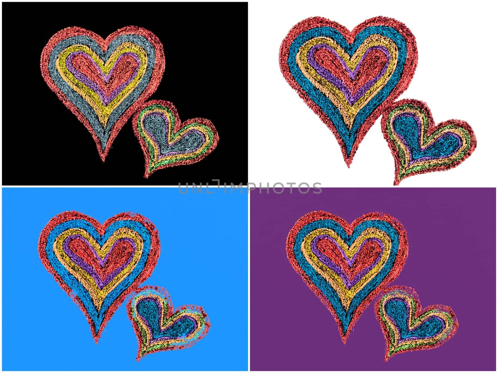 Conceptual image of love, with two vivid color shape hearts close one to each other .Vintage hand drawing on blackboard, love concept, copy space available. Photo collage