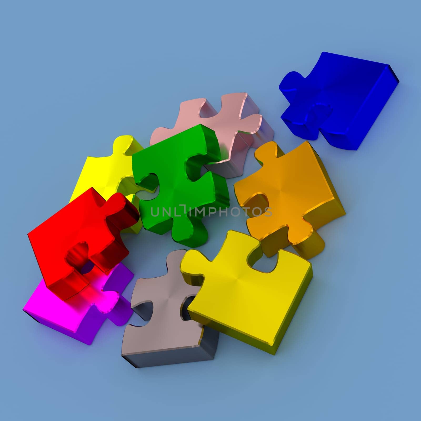 Colorful pieces of puzzle on a blue background, 3d rendering